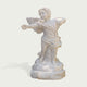 Rear view of a white marble winged angel sculpture highlighting detailed feather carving, flowing robe design, and elegant classical marble artistry.