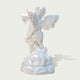 White marble cherub angel statue photographed on a clean background, showcasing detailed wings, soft facial features, and polished natural stone finish.