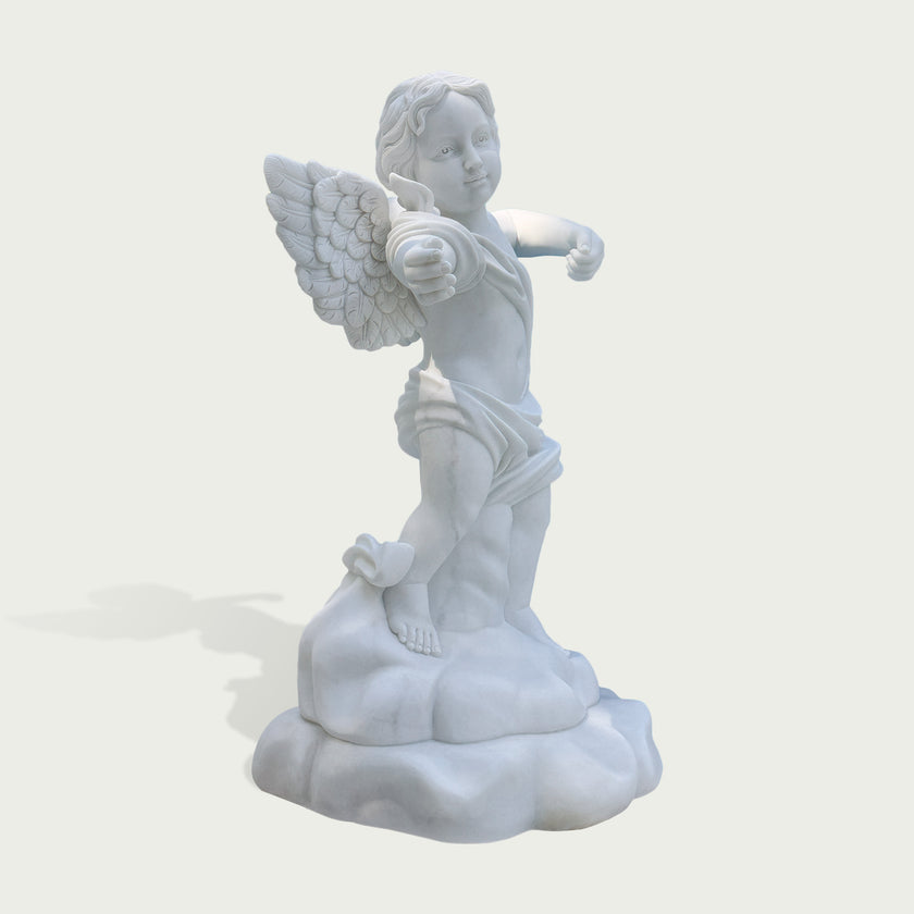White marble cherub angel sculpture with detailed wings and flowing drapery, shown in a front view with a classic cupid-inspired design and polished stone finish.