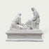 Rear view of a white marble biblical Jesus washing feet sculpture highlighting carved robes, seated figures, pedestal details and traditional marble artistry.