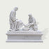 Front view of a white marble Christ washing feet statue with detailed drapery, seated figure, kneeling disciple, and handcrafted religious sculpture design.