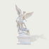 Front view of white marble Saint Michael the Archangel statue with spread wings, sword, armor, dragon sculpture base and classical religious design.