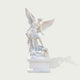 Front view of white marble Saint Michael the Archangel statue with spread wings, sword, armor, dragon sculpture base and classical religious design.