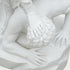 Detailed view of white marble Saint Michael sculpture featuring carved hand, weapon details, flowing textures and refined classical marble carving.