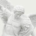 Close-up of white marble Saint Michael the Archangel statue showing facial expression, carved hair, wings and elegant Renaissance-inspired details.