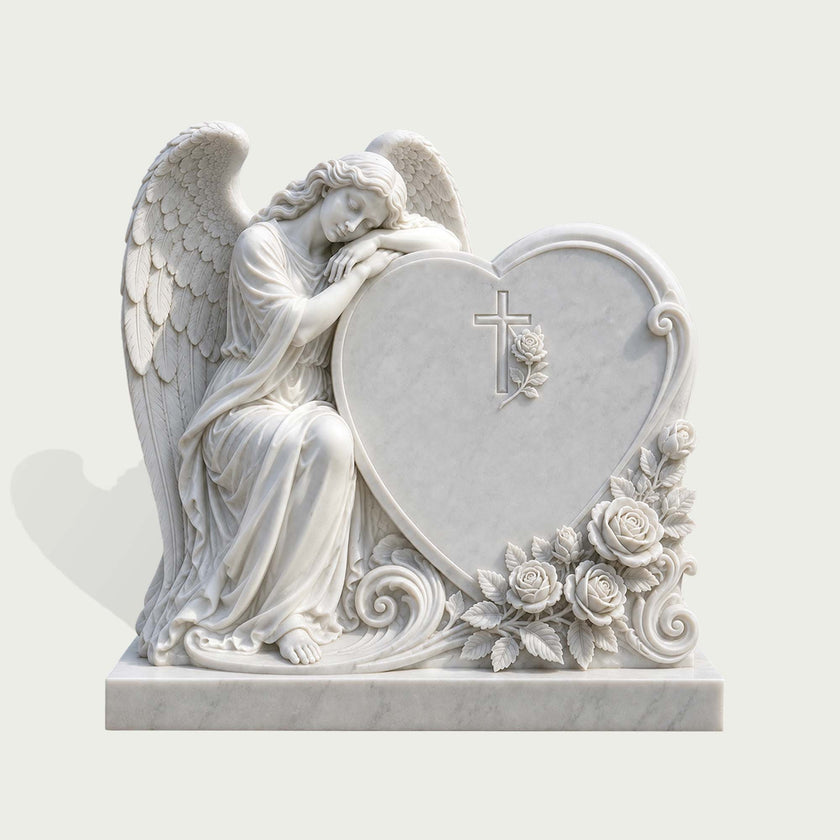 White marble angel memorial sculpture with carved wings leaning beside a heart shaped headstone, detailed roses and cross decoration, handcrafted cemetery monument with polished marble finish.