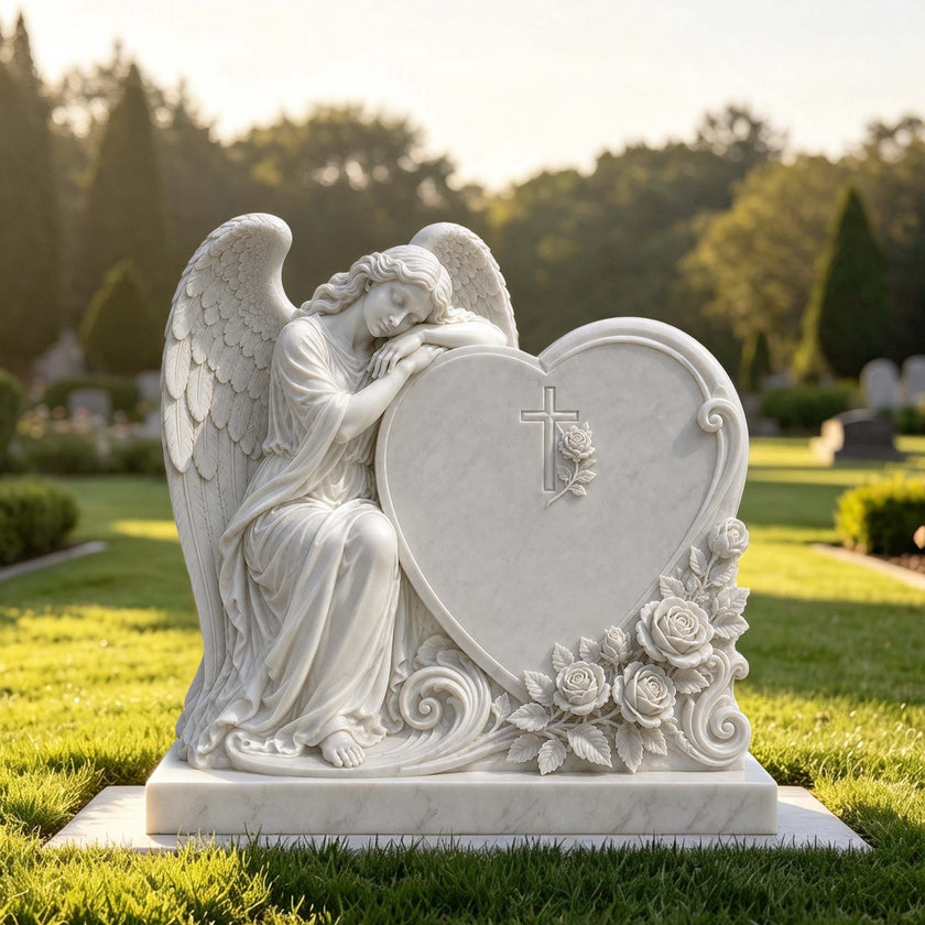 Elegant white marble angel heart grave monument featuring a kneeling angel, detailed feather wings, floral carvings and smooth polished stone surface for memorial decoration.