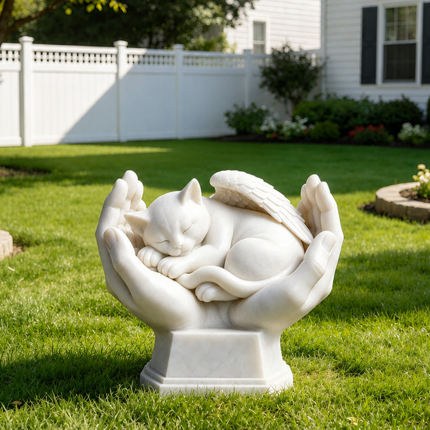 White marble sculpture of a sleeping cat with feathered angel wings resting peacefully in two protective hands, displayed as a memorial garden statue on a green lawn.