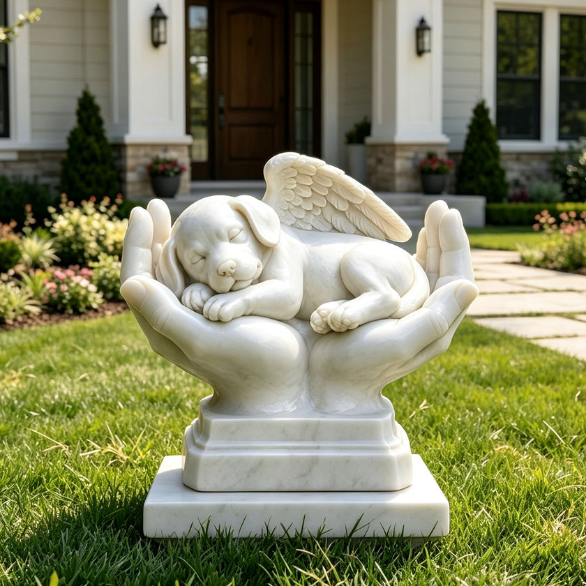 White marble sleeping angel dog memorial sculpture with detailed feathered wings, gently resting in two protective hands and displayed on a lawn outside a residential home.