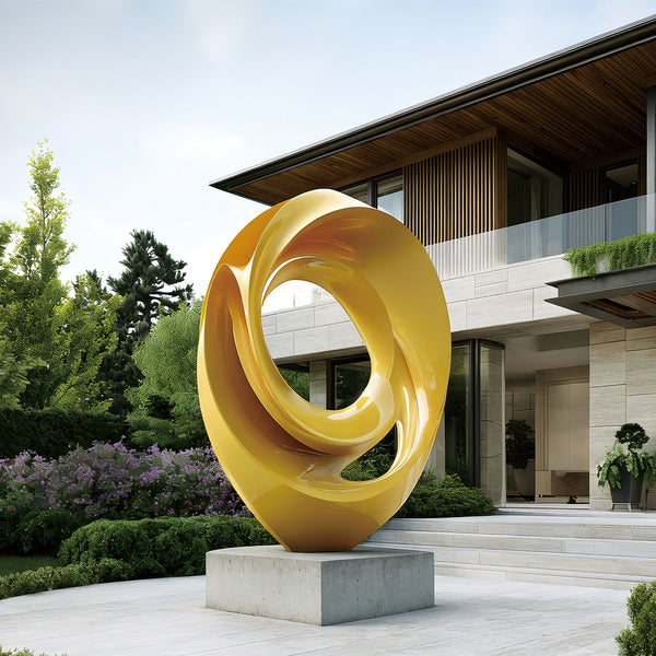 Yellow abstract stainless steel sculpture in front of a modern house