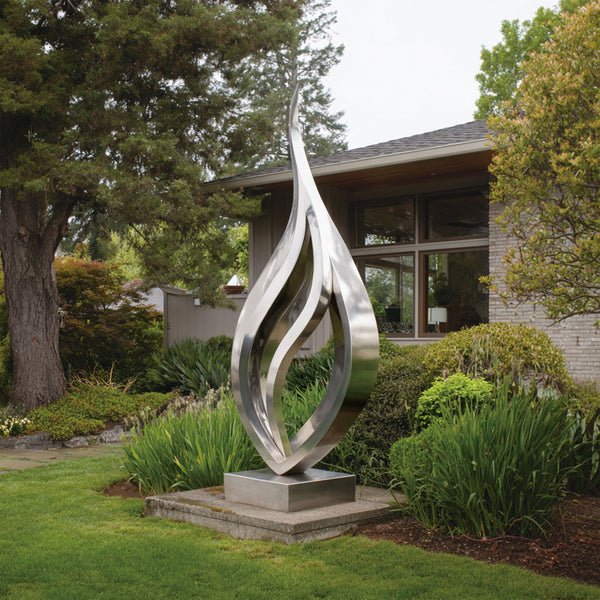 Metallic silver mirror polished stainless steel  sculpture with wavy design