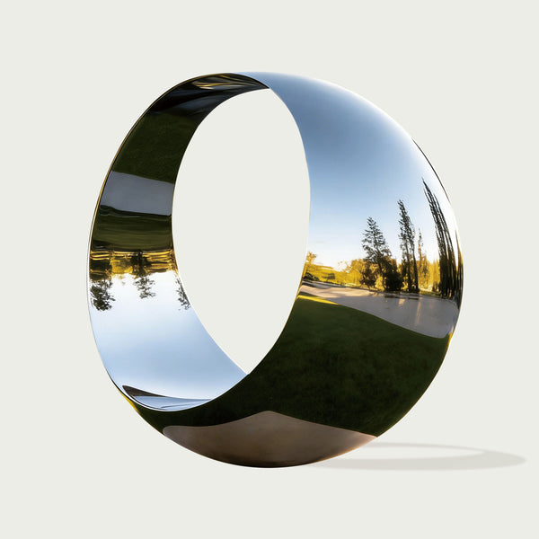 Metallic silver mirror polished stainless steel sphere sculpture O-ring