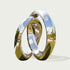  interlocking silver rings stainless steel sculpture with a reflective surface, showing a scenic reflection.