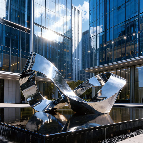 Modern silver stainless steel mirro polished sculpture Infinite Loop in front of a glass building