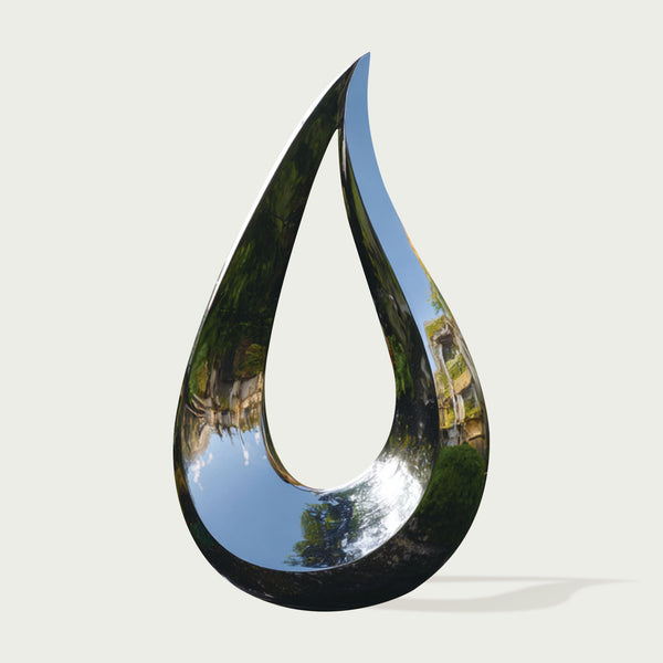 Large stainless steel hollow teardrop sculpture