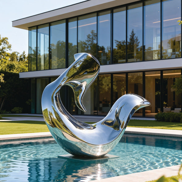 Modern abstract stainless steel marine sculpture by a pool 