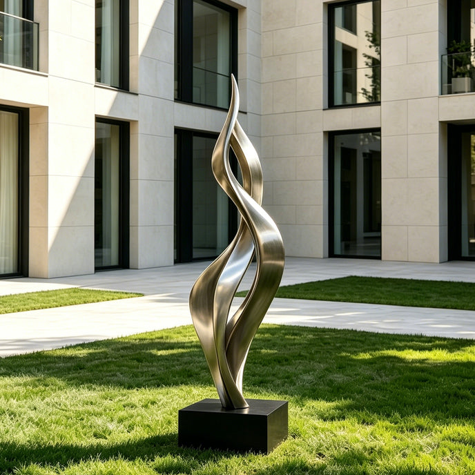 Soaring Ribbon Twisting Stainless Steel Sculpture on grass in front of a modern building