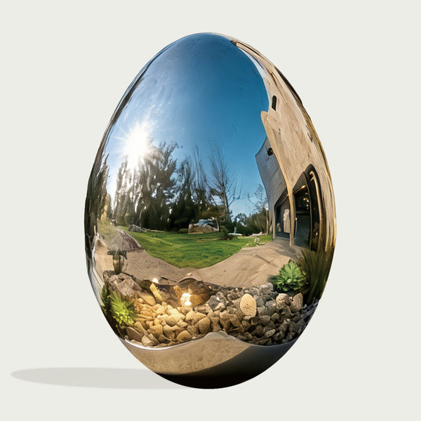 Large stainless steel sphere egg shape showing a garden and building reflection on a white background
