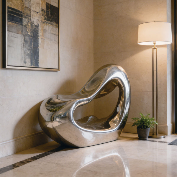 Modern stainless steel silver liquid cloud sculpture in a stylish interior setting with a lamp and plant.