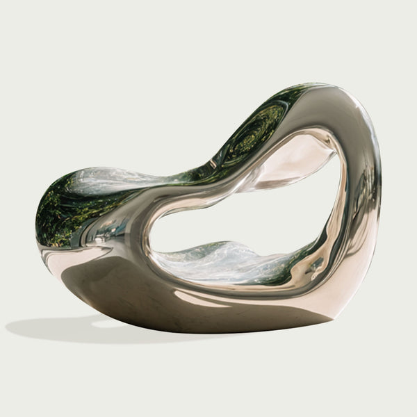 Modern stainless steel silver liquid cloud sculpture on a white background 