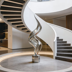 Modern stainless steel eternal spiral sculpture in a well-lit interior setting