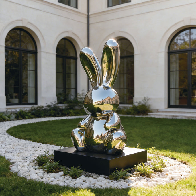 Large Abstract Black Oval Stainless Steel Sculpture in front of a luxury garden