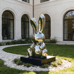Large Abstract Black Oval Stainless Steel Sculpture in front of a luxury garden