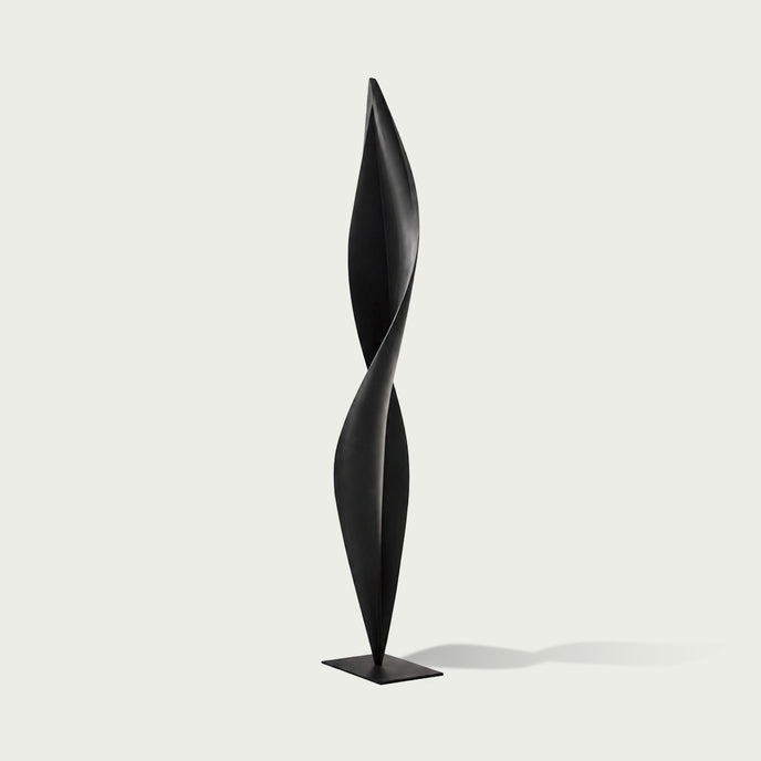 Abstract Slender Twisting Leaf Stainless Steel Sculpture  on a white background