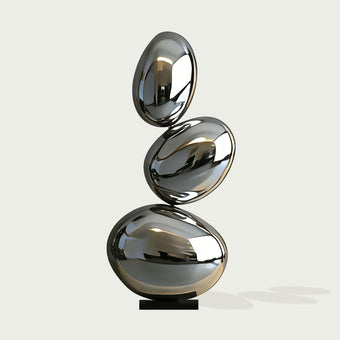 Large Mirror Polished Stainless Steel Sculpture Asymmetrical Spheres on a white background
