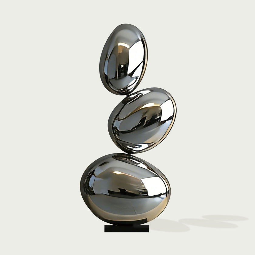 Large Mirror Polished Stainless Steel Sculpture Asymmetrical Spheres on a white background