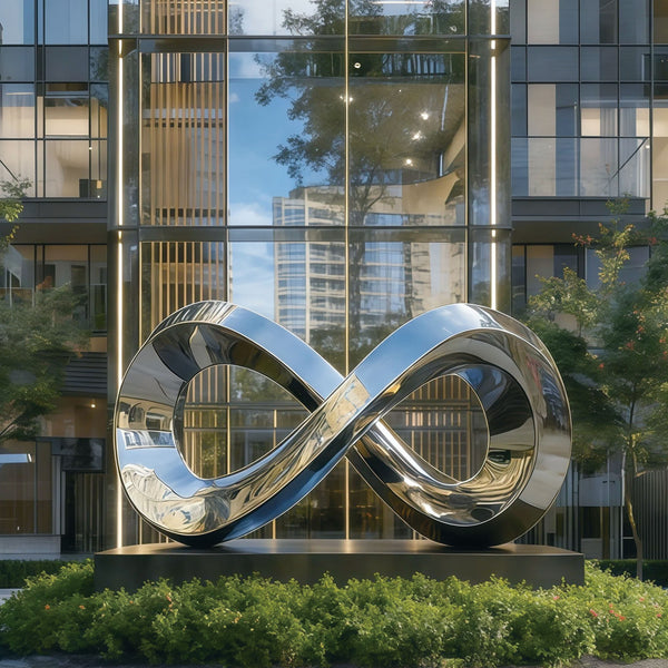 Giant Mobius Strip Mirror Polished Outdoor Stainless Steel Sculpture in front of a modern building with glass facade