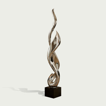 Large Mirror Polished Spiraling Wave Statue  on a black base against a white background
