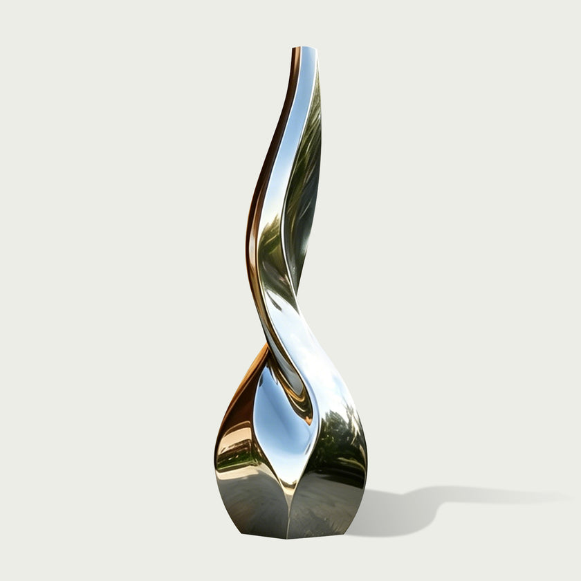 Abstract Silver Vessel Stainless Steel Sculpture on a white background