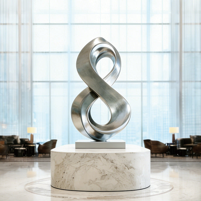 Fluid Infinity Loop Stainless Steel Sculpture on a marble base in a room with large windows