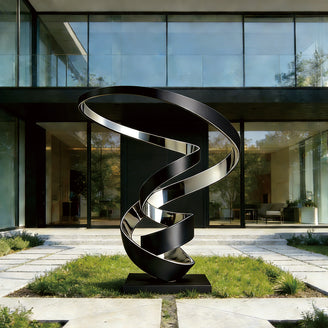 Dual-Tone Modern Stainless Steel Sculpture "Waltzing Tornado"  silver spiral sculpture in front of a glass building