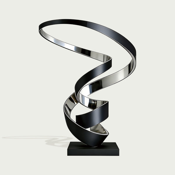Dual-Tone Modern Stainless Steel Sculpture "Waltzing Tornado"  silver spiral sculpture on a light gray background
