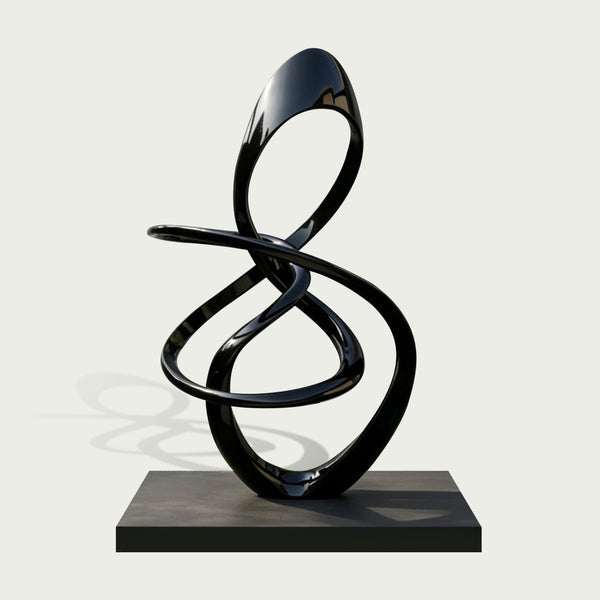 Contemporary Glossy Black Stainless Steel Sculpture "Eclipse Weave" on a light gray background
