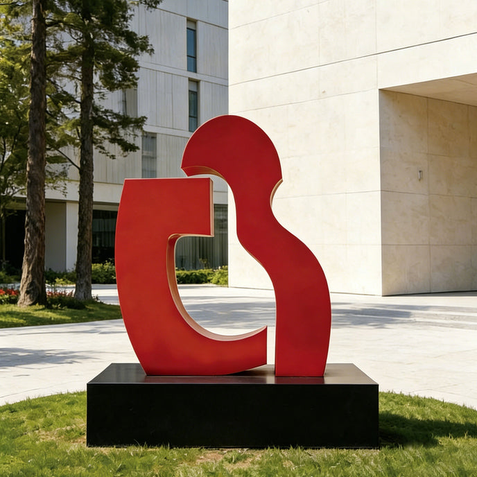 Contemporary Red Puzzle Abstract Stainless Steel Sculpture in a Commercial Courtyards