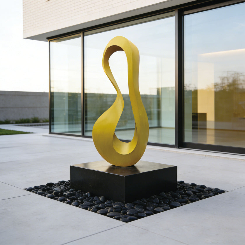 Minimalist Abstract Stainless Steel Sculpture Yellow Curved Loop for Luxury Front Yards