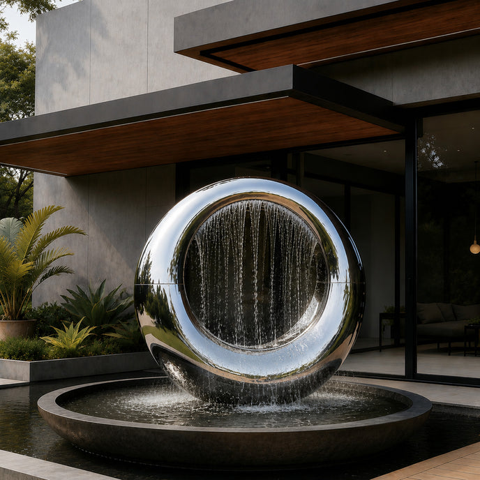 Mirror Polished Stainless Steel Sculpture Eclipse Loop  Water Fountain in front of a contemporary building.