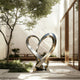 Stainless Steel Sculpture Ascending Heart in a modern outdoor setting with trees and building.