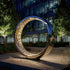 Large Outdoor Stainless Steel Starlight Lighting Sculpture in a circular design with illuminated interior, set against a building backdrop.