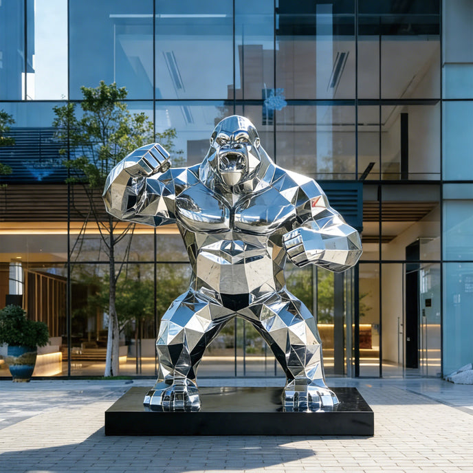 Geometric Gorilla Stainless Steel Sculpture Animal Sculpture in front of a modern building