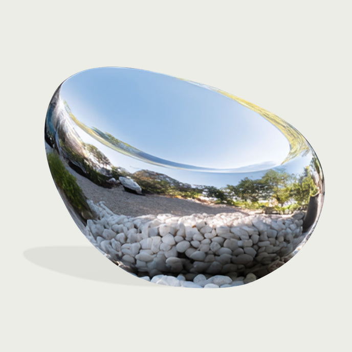 Mirror Polished Oval Egg Stainless Steel Sculpture on a white background
