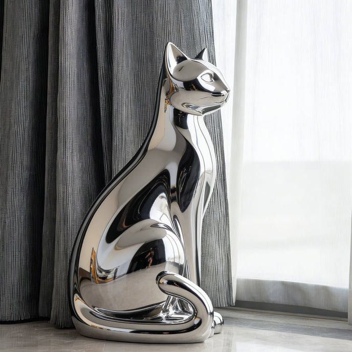 Sleek Minimalist Cat Statue Stainless Steel Sculpture in a modern living room