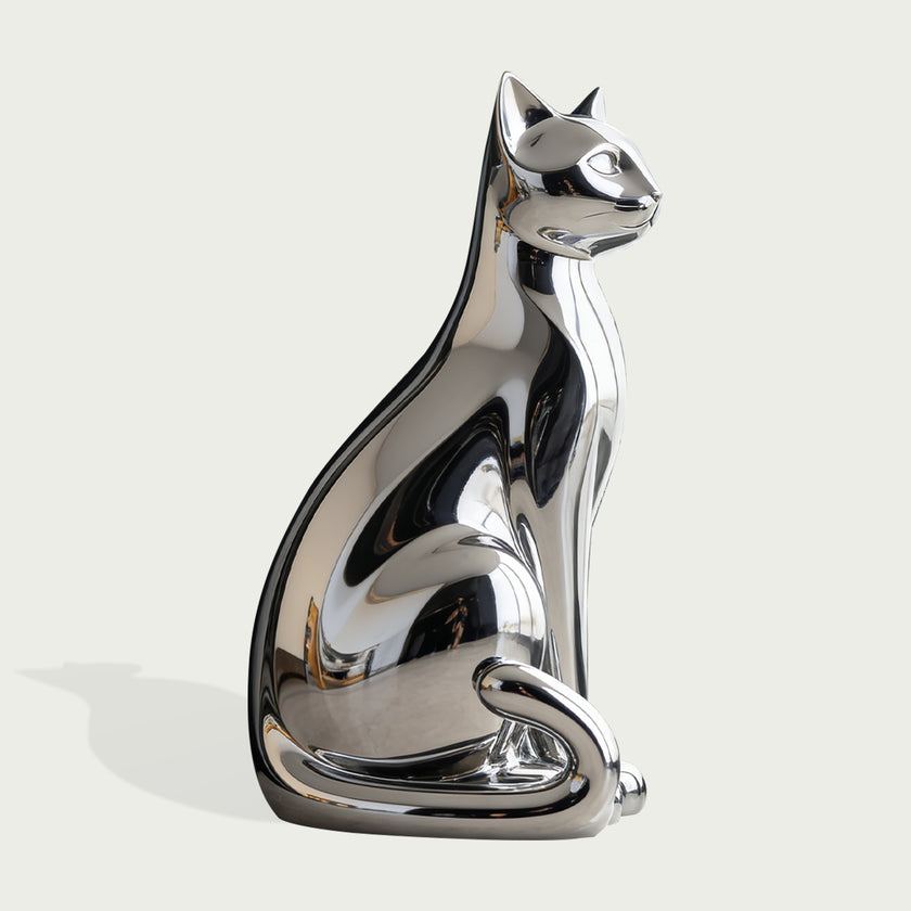 Sleek Minimalist Cat Statue Stainless Steel Sculpture on a white background