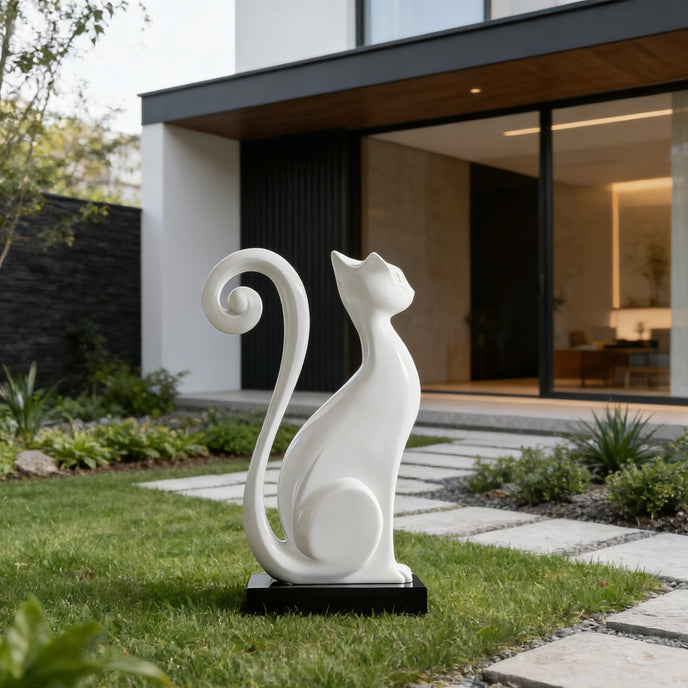 Stainless Steel Curled Tail Cat Large Outdoor Statues Animal Sculpture in a luxury courtyard