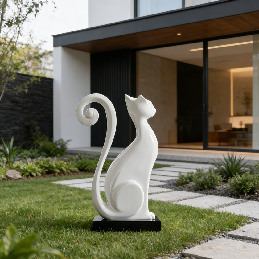 Stainless Steel Curled Tail Cat Large Outdoor Statues Animal Sculpture in a luxury courtyard