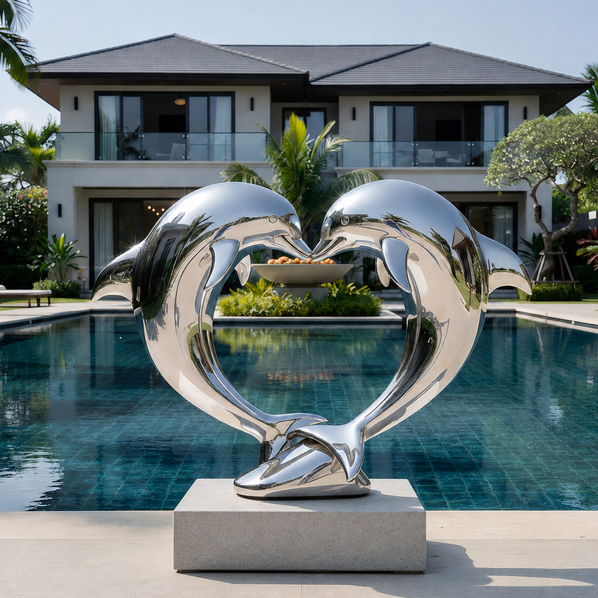 Romantic Heart Shaped Leaping Dolphins Stainless Steel Sculptures by a poolside in front of a luxury villa