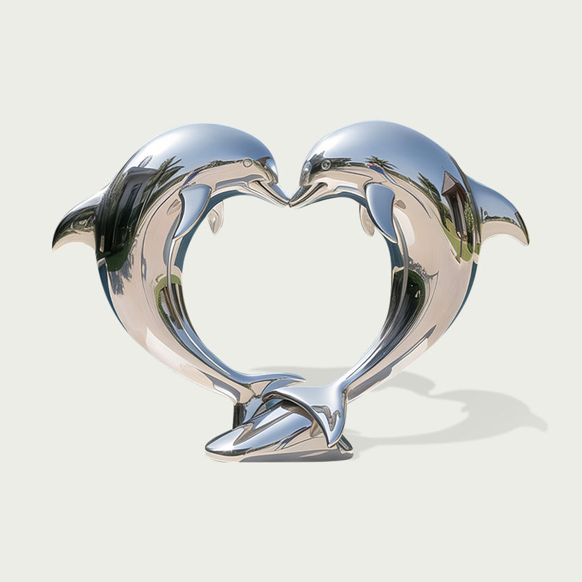 Romantic Heart Shaped Leaping Dolphins Stainless Steel Sculptures on a white background